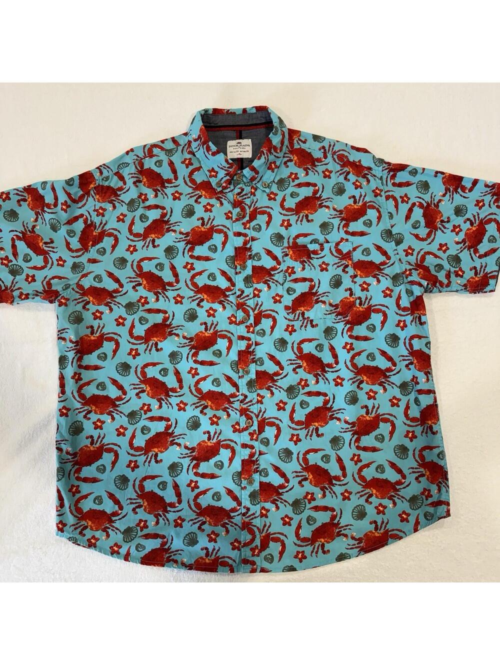 Ditch Plains Ricky Singh Blue Crab Print Button Down Short Sleeve Shirt Sz 2X